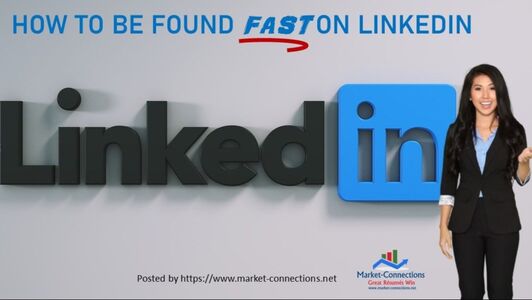 A smiling lady in front of LinkedIn wall and a logo of https://www.market-connections.net 
