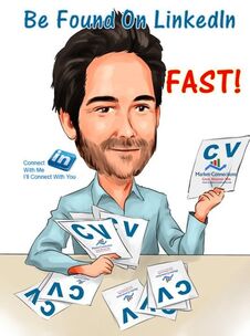 Cartoon of LinkedIn CEO  scanning blank cv's with logos of https://www.market-connections.net posted on them