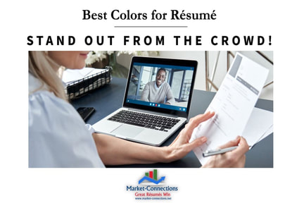 A photo titled Best Colors for Resume. There is a logo from https://www.market-connections.net. A woman is looking at a resume in front of a laptop