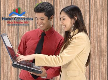 Photo of a young man and woman using a laptop and smiling. There is also a logo from https://www.market-connections.net