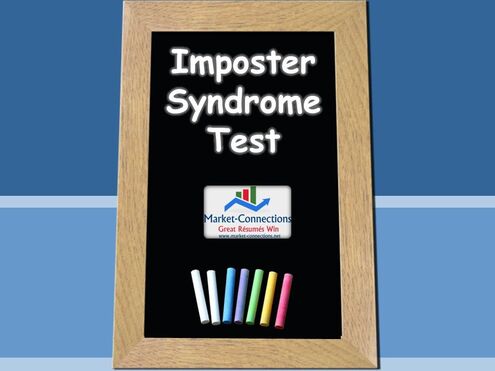 Photo of a chalk board titled Imposter Syndrome Test. There is also a logo from https://www.market-connections.net
