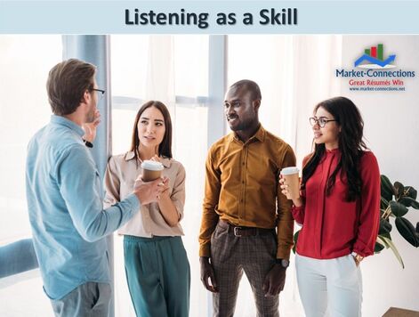 Photo of diverse people talking and listening. There is a logo from https://www.market-connections.net