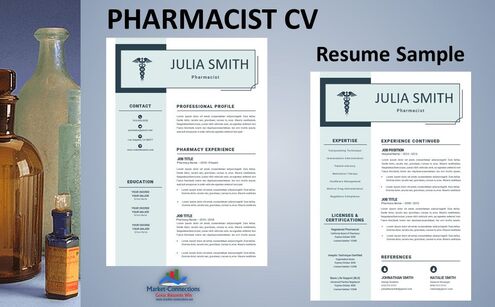 Photo of Pharmacist CV resume sample. There is also a logo from https://www.market-connections.net. There are medicine bottles on the left side of the picture.