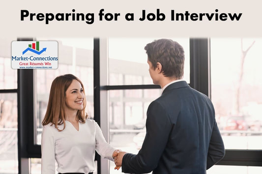 Photo of a lady shaking hands with an employer after the interview. There is also a logo from https://www.market-connections.net