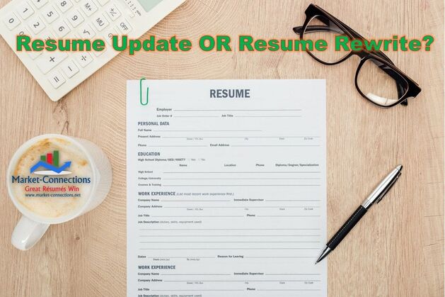 Top view of resume template on wooden surface. There is a logo from https://www.market-connections.net and the title is 