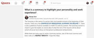 Photo of a Quora Answer by Mandy Fard of https://www.market-connections.net about how to write a resume summary