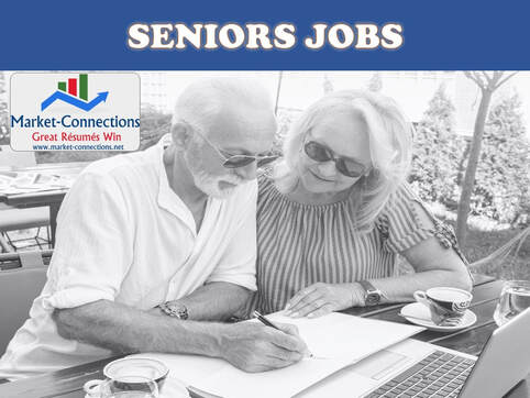 Picture of a retired couple looking for seniors jobs. There is a logo from https://www.market-connections.net