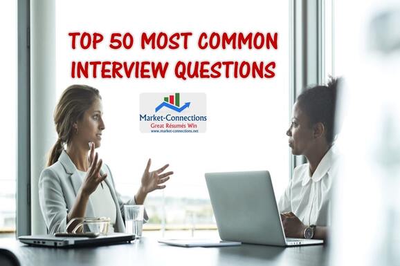 A picture showing two ladies talking and the title is Top 50 Most Common Interview Questions. There is also a logo from https://www.market-connections.netPicture