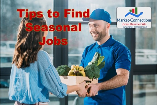 A poster showing a man handing groceries to a woman, titled: Tips to Find Seasonal Jobs. There is also a logo from https://www.market-connections.net