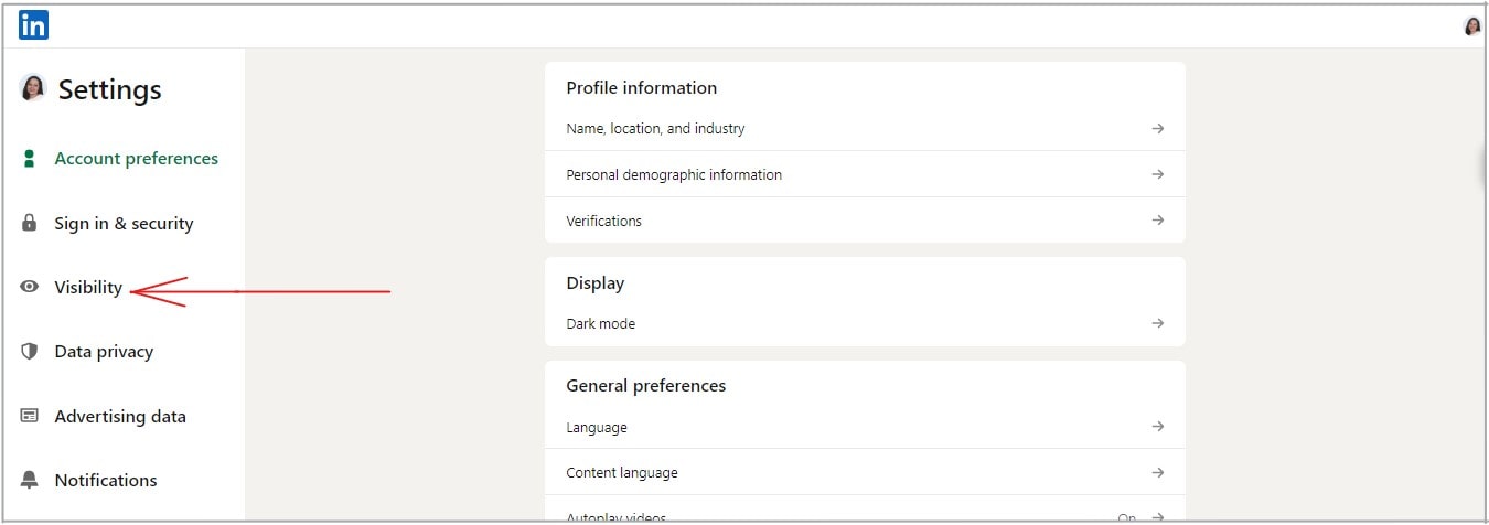 A snapshot of how to find Settings and Privacy on LinkedIn, by Mandy Fard of https://www.market-connections.net​