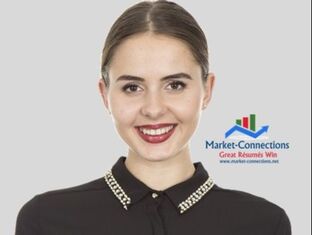 A lady is smiling and there is a log of https://www.market-connections.net in the background