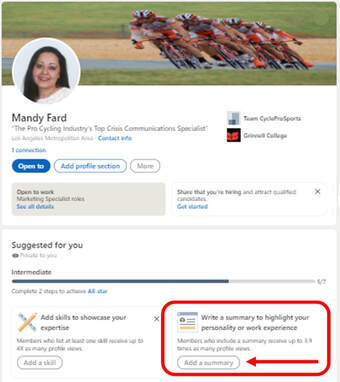 Profile of Mandy Fard on LinkedIn, indicating LinkedIn ABOUT section
