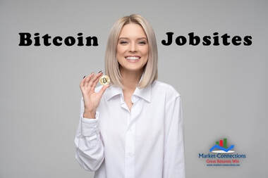 Photo of a lady holding a Bitcoin. There is also a logo from https://www.market-connections.net