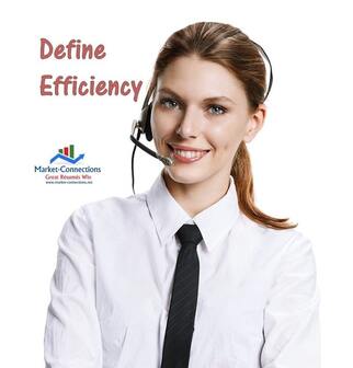 A lady with headphones and the title is Define Efficience with a logo of https://www.market-connections.net