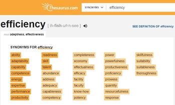 Efficiency synonym from Thesaurus.com posted here by https://www.market-connections.net