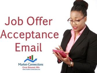 Picture of a lady communicating through her cell phone or tablet. Title is Job Offer Acceptance Email and there is a logo of https://www.market-connections.net
