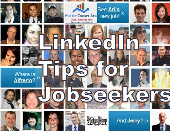 Photo of many headshots. There is a logo from https://www.market-connections.net. Title is LinkedIn tips for jobseekers