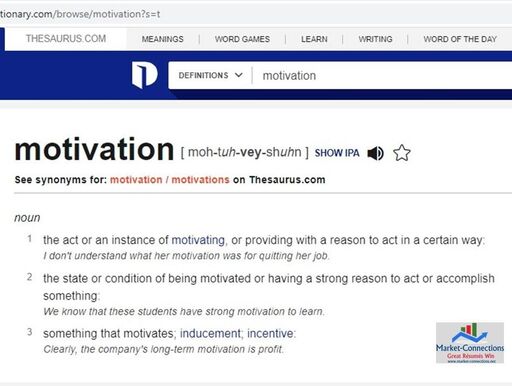 Snapshot of Dictionary.com to define motivation. There is a logo of https://www.market-connections.net