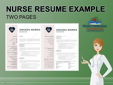 Photo of a two-page nursing resume sample. There is a logo from https://www.market-connections.net and an animated nurse.