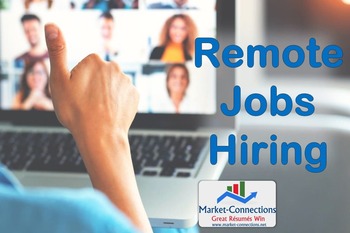 A poster titled Remote Jobs Hiring. A person is in front of a laptop. The screen is showing an online meeting. There is also a logo from https://www.market-connections.net