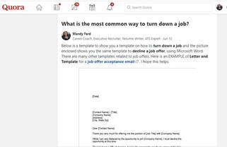 Photo of an answer given on Quora from Mandy Fard of https://www.market-connections.net about how to turn down a job offer