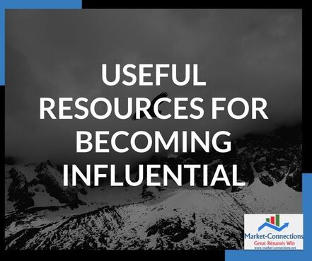 a poster titled Useful Resources for becoming influentials. there is a logo from https://www.market-connections.net and mountains in the background