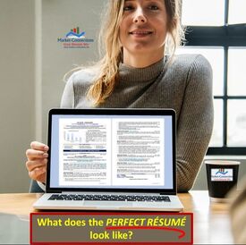 Picture of a lady demonstrating a Perfect Resume on the computer screen created by https://www.market-connections.net